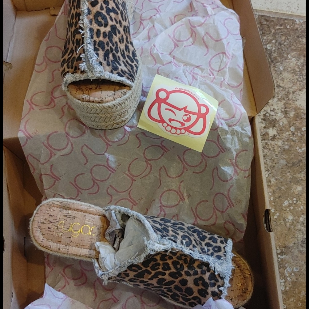 Pop sugar Sugar leopard frayed wedge sandals 10